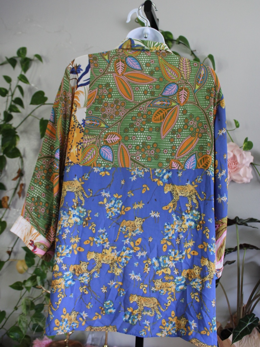 Rose + Olive 1X Patchwork Leopard Tropical Print Oversized Button Down Shirt - Picture 6 of 12